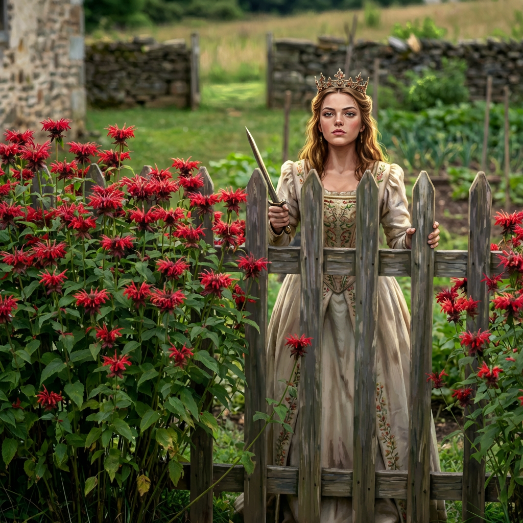 A young woman wearing a crown and medieval dress holds a sword behind a wooden fence.