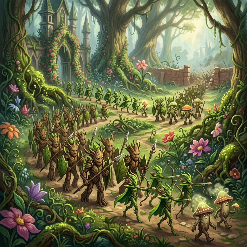 Forest creatures resembling tree warriors, leaf archers, and mushroom soldiers marching in a lush forest