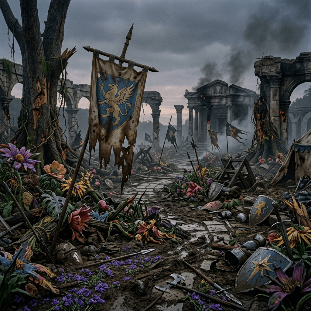Ruined battlefield with medieval armor, shields, torn banners, and smoke rising from ancient stone arches and pillars.