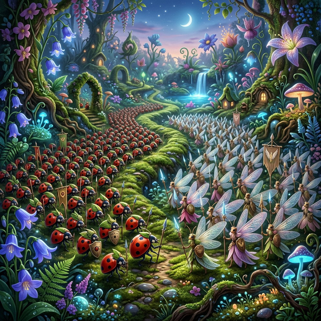 Ladybug army facing off against winged elf army in a colorful fantasy forest