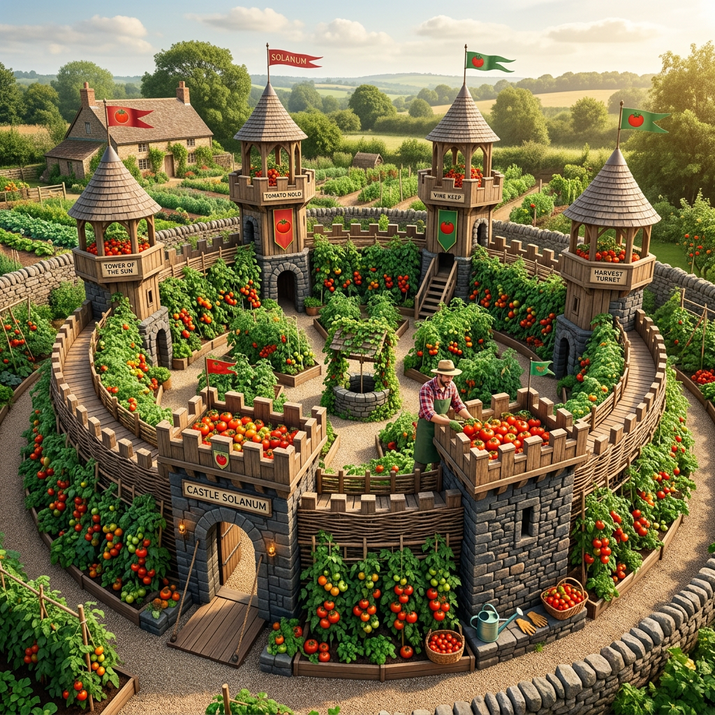 Circular garden castle with four towers named after tomato-related themes, surrounded by ripe tomato plants and a gardener harvesting tomatoes.
