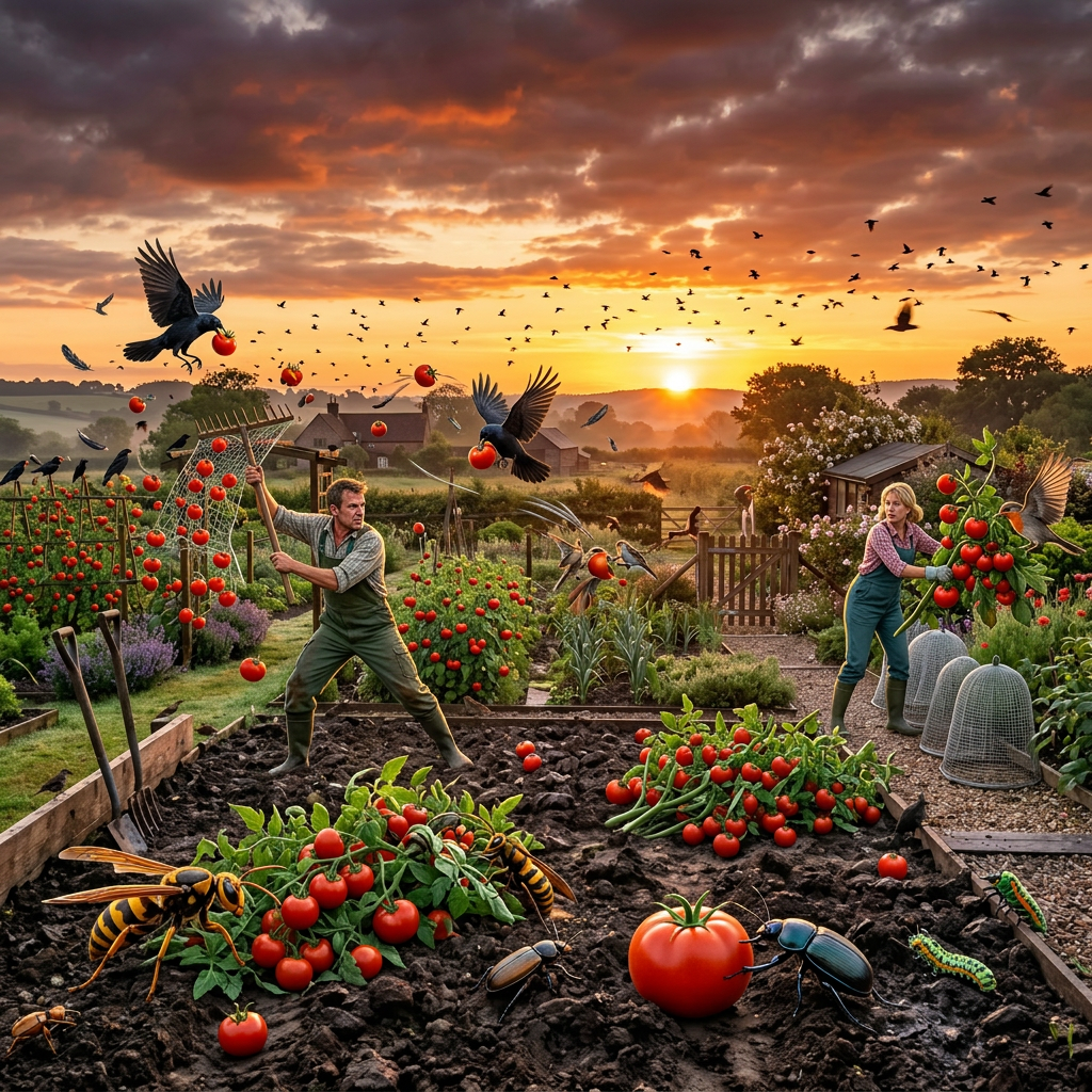 Country garden at sunrise with flowers, plants, soil, and birds flying