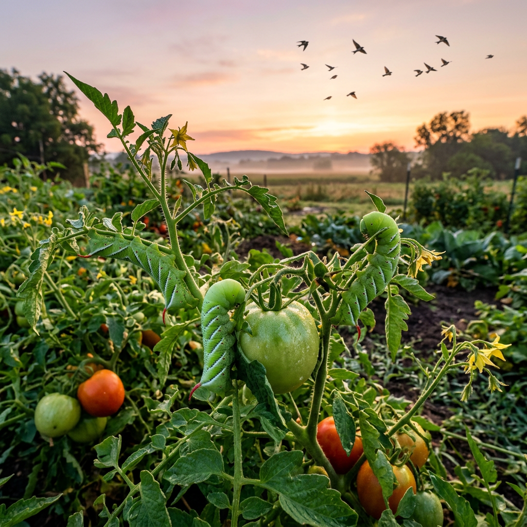 Two green tomato hornworms on tomato plant leaves with green and red tomatoes in garden