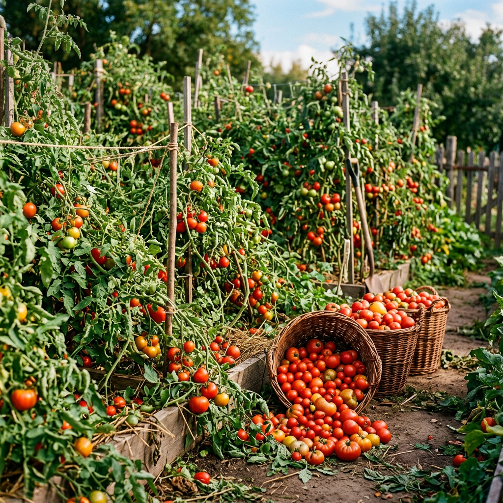 Overflowing tomato garden with baskets spilling ripe tomatoes
