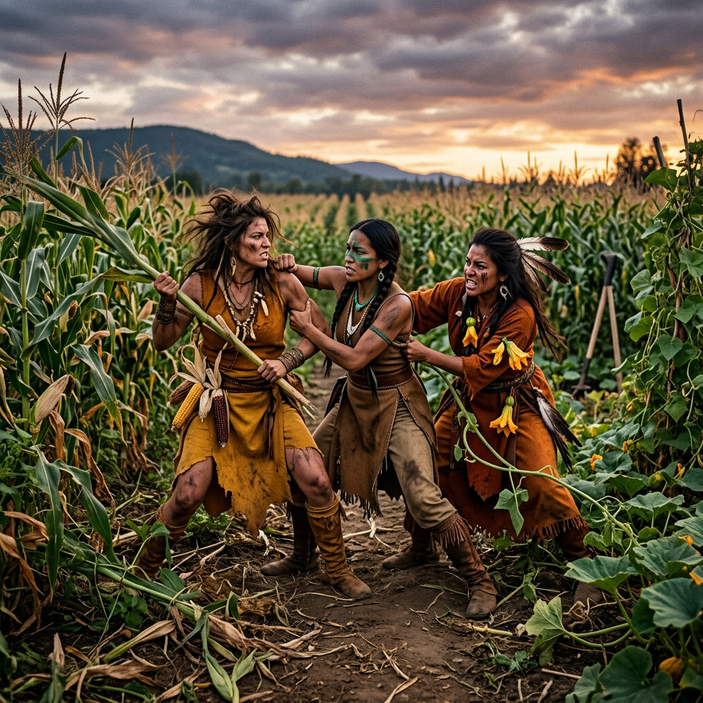 Three women in traditional Native American-style clothing in a tense confrontation in a cornfield at sunset.