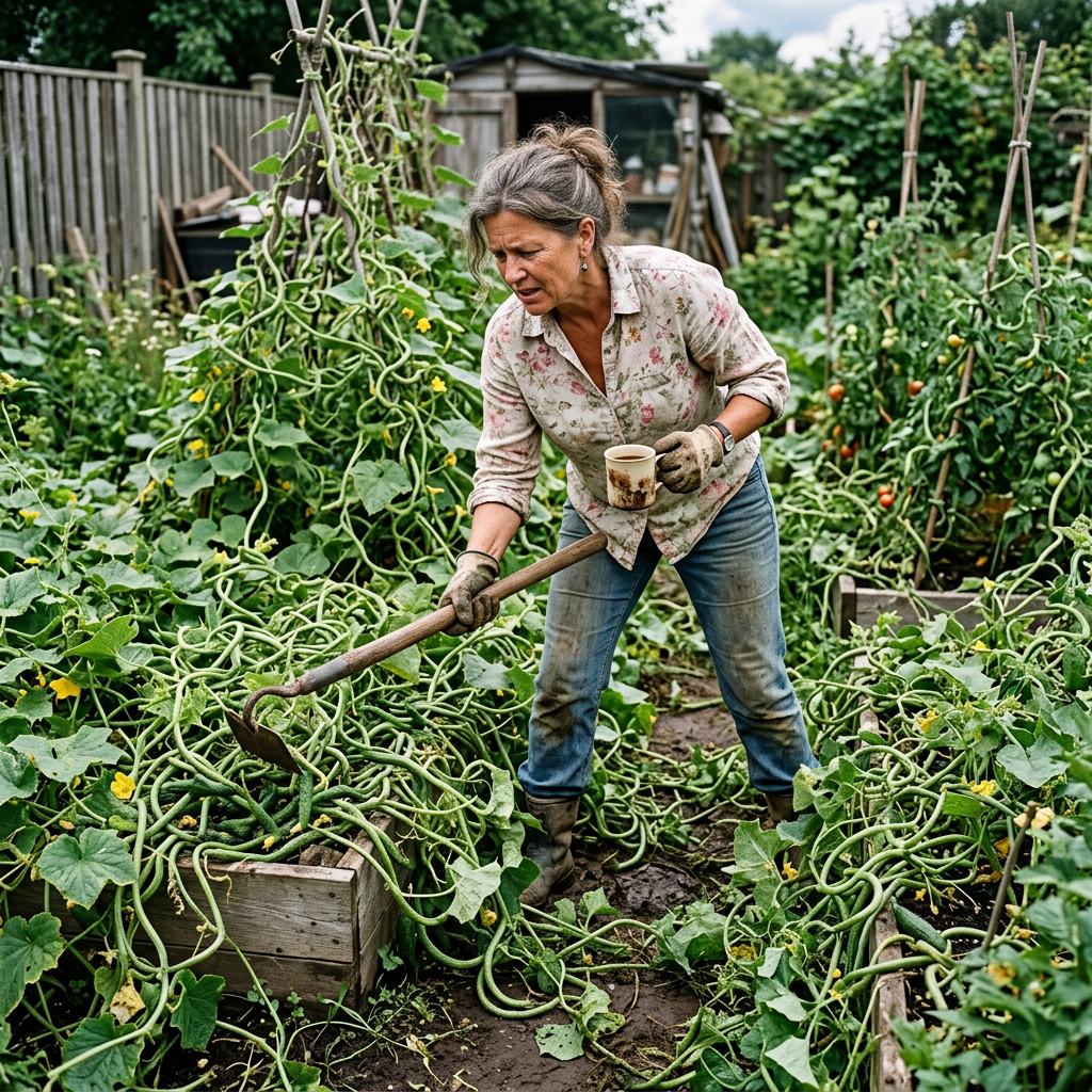 Woman battling snake-like cucumber vines