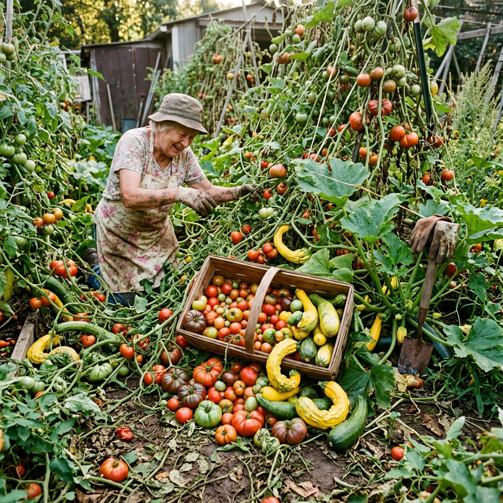 Gardener harvesting tomatoes and squash in a lush vegetable garden
