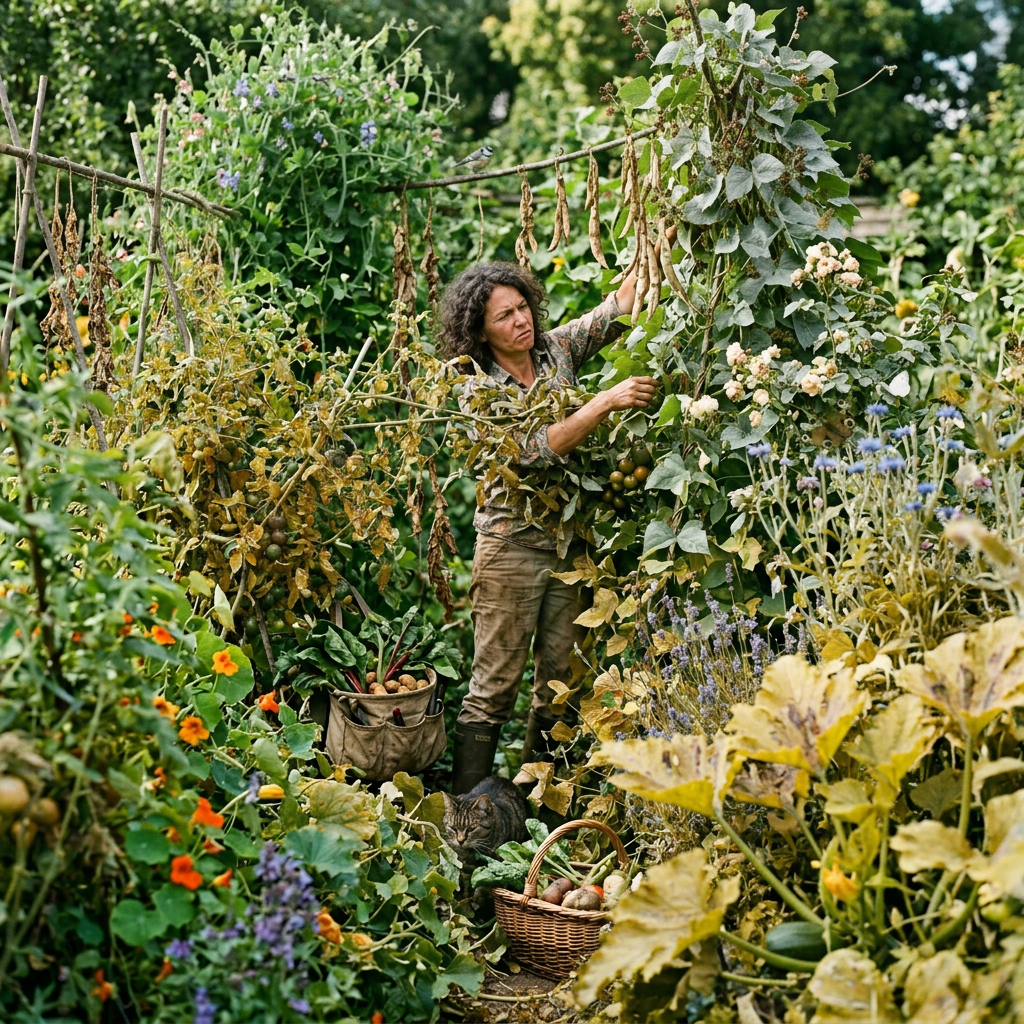Gardener smiling while tending vegetables and flowers in a lush garden