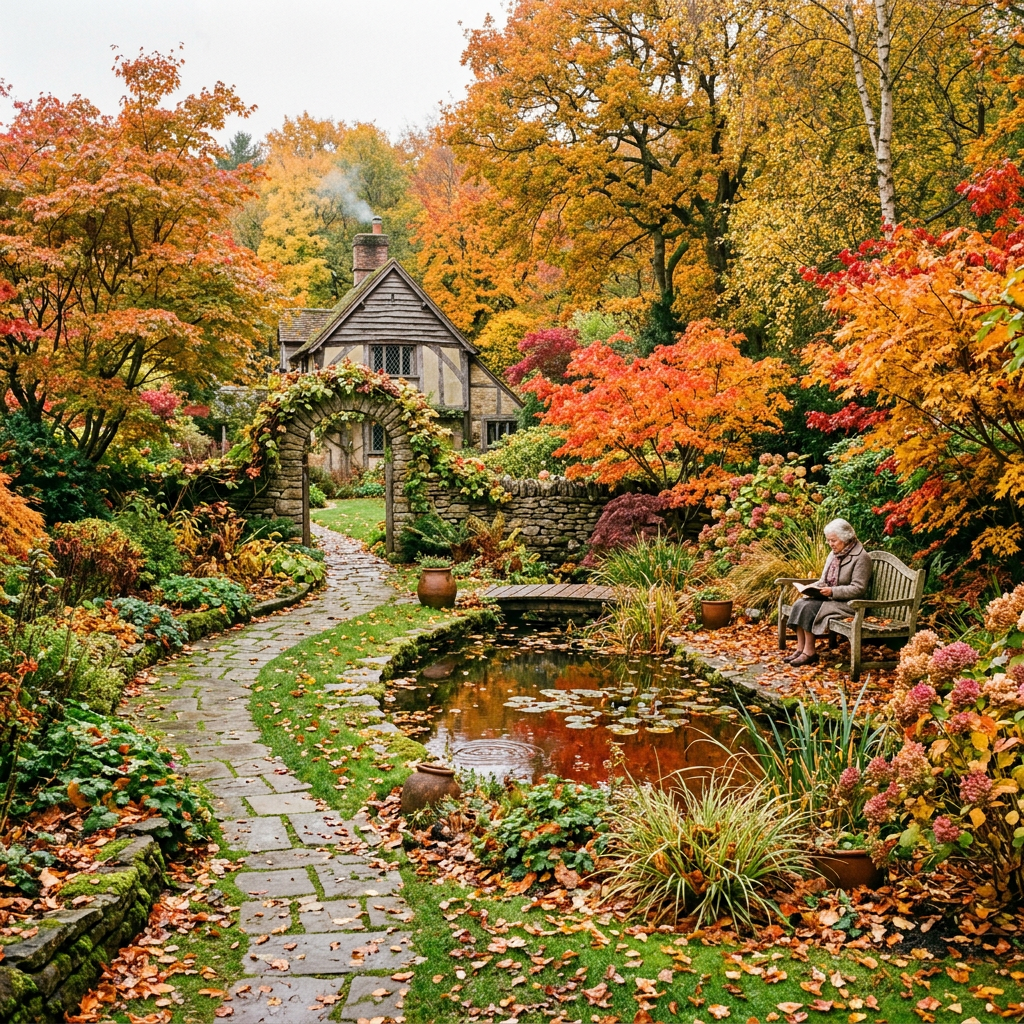 Autumn garden with stone path, cottage, pond, and seated reader