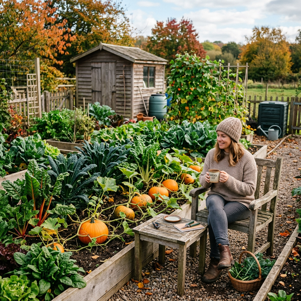 Woman drinking tea beside vegetable beds and pumpkins in an autumn garden