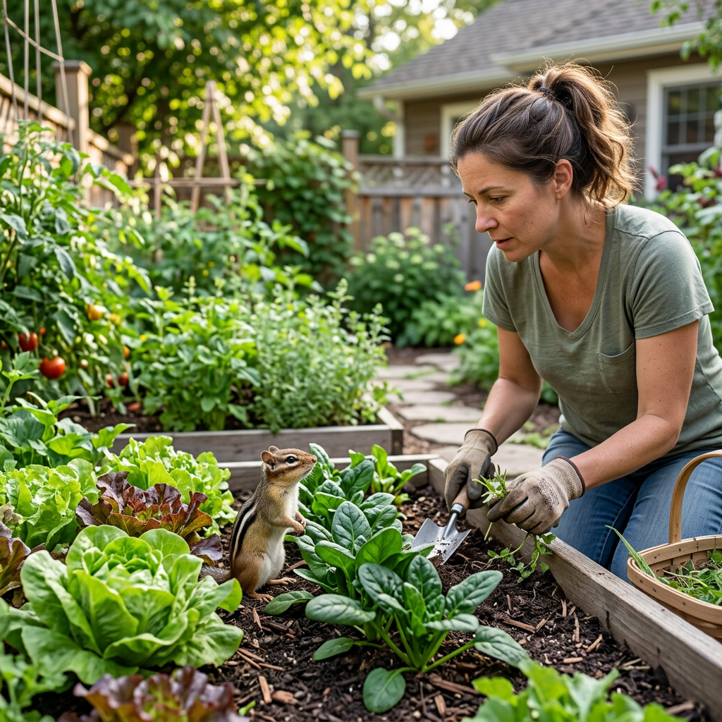 Woman gardening beside a chipmunk in a raised vegetable bed